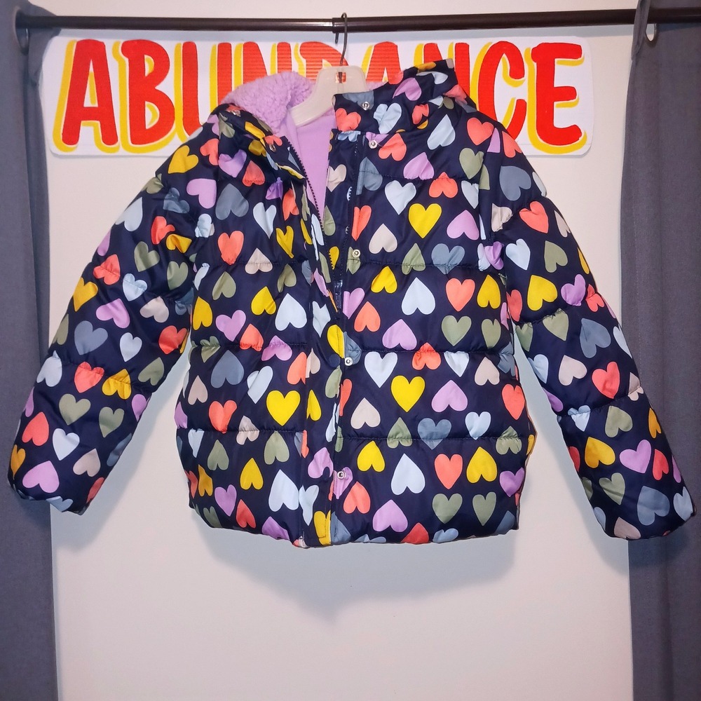 Carters Girls 8 Navy Blue Multi Color Heart Print Fleece Lined Puffer Coat
